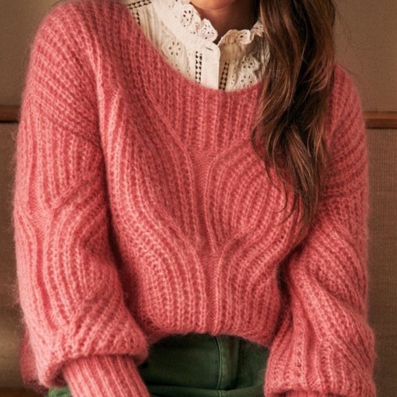 NWOT Sezane Gisele Pink Mohair Wool Boat Neck Puff Sleeve Jumper Sweater S Boho - Picture 1 of 8